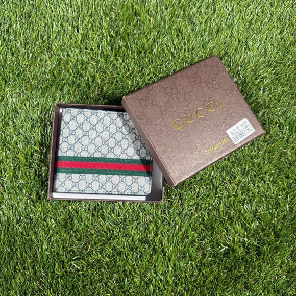 Gucci Supreme Web Bi-Fold Wallet In Beige Canvas and Brown Leather Trim - Picture 1 of 5